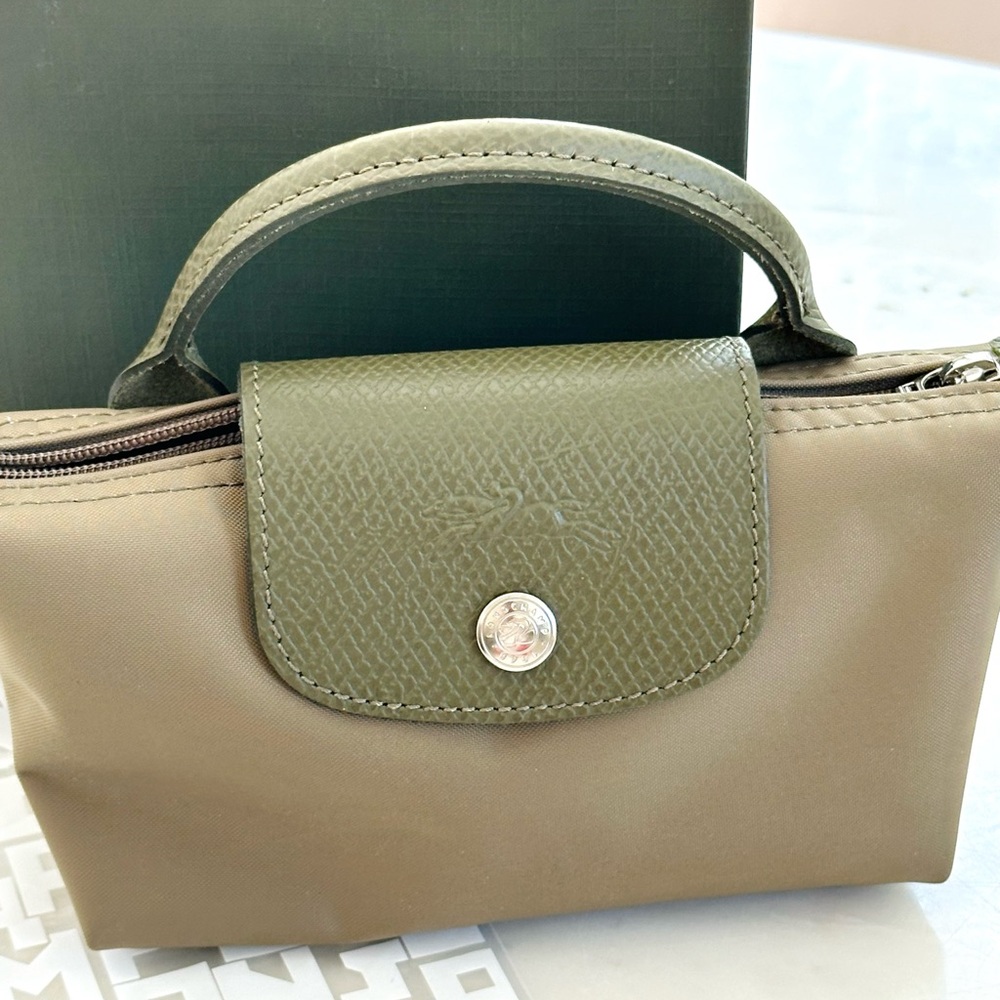 Longchamp Mini Top-Handle Bag in Olive Green with Lime Trim - Picture 4 of 5